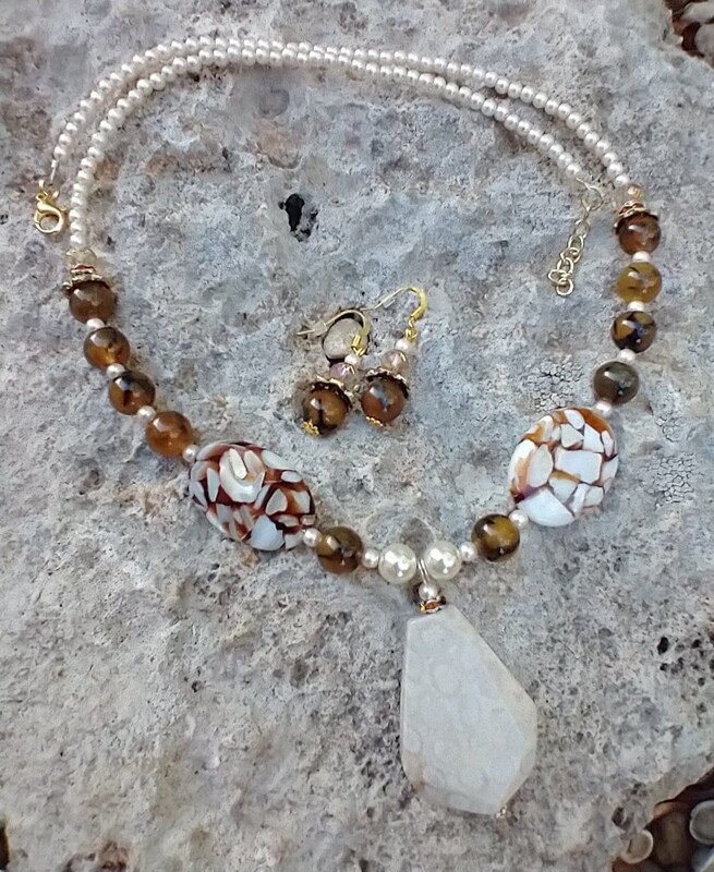 Elegant Mother of Pearl, Agate Necklace with Fossilized Coral Pendant, Natural Stone, Necklace and Earring Set